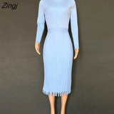 Women Knitted Long Dress Ribbed Elegant Midi Bodycon Sweater Dress Official Ladies Bandage Pleated Dresses