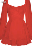Women Boho Romper Long Sleeve Double Layer Ruffle Hem Chiffon Short Fairy Princess Mini Dress Jumpsuit