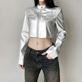 Style Leather Splicing Locomotive Suit Personalized Street Autumn Short-Term Open-Enavel Zipper Jacket