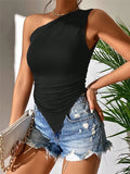 Women's New Body Repair Irregularly Slanted Shoulder Sexy Shoulder Vest T-Shirt Lady's