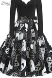 Women Christmas Dress Winter Long Sleeve V Neck Pumpkin Print Halloween Costume Party Dresses Casual Vintage S~3XL
