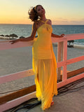 New Solid Color Sexy Hanging Neck Mesh Splicing Dress High-End Temperament Open Dress Dress