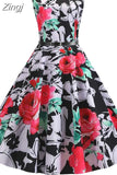 Print Vintage Dress Women Summer Pin Up Retro 50s Rockabilly Sleeveless A-Line Midi Party Dresses
