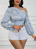 Women's Short Blue Broken Flowers With Asymmetric Shoulder Bubble Sleeve Shirt Autumn Women's