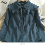 Lace Up Corduroy Shirt Women Korean Style Turn-down Collar Long Sleeve Blouses Spring Autumn Elegant Office Ladies