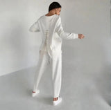 2025 New Women's Solid Color Round-Neck Long-Sleeved Set Pocket Casual Pants