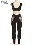Summer Sporty Tracksuit 2 Piece Set Women Sleeveless Hole Patchwork Skinny Activity Tank Tops+Leggings Matching