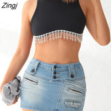 Women Ribbed Sleeveless Round Neck Crop Tops Rhinestone Tassel Hem Design Solid Color Summer Streetwear Tank