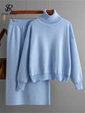 Zingj Women Gentle Knitted Suits Turtleneck Long Sleeve Loose Pullover+Elastic Waist Bodycon Skirt Winter Fashion Solid Sets 211-0-Outfit