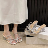 Women 2025 Summer New Butterfly Water Drill With Crystal Heel Sandals Square Head And Slippers