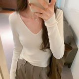 V-Collar Solid Color Long-Sleeved Woolen Blouse A New Style Slim And Slim Sweater In Autumn And