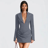 Women's Autumn And Winter New Temperament Solid Color V Collar Folding Waist Suit