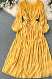 Autumn Women Draped Chiffin Dress Femael Vintage Round Neck Puff Long Sleeve High Waist A-Line Loose Pleated Robe