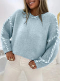 Leisure Pure Color Round Collar Knitted Shirt Wear Rope Design Loose Lanky Long Sleeve Sweater Female