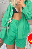 with Shirt Set Casual Green Long Sleeve Top Two-piece Suit Female Oversize Loose Summer Two Piece Set Women