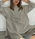 Hot Loose Long-Sleeved Open-Fork T-Shirt Women's Solid Color 100% Cotton Top Spring And Summer Women's