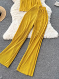 Women Pleated Set Sexy Spaghetti Strap Camis Tops + High Waist Wide Leg Loose Pants Casual Red/Yellow/Brown Suits