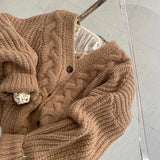 Solid V Neck Puff Sleeve Cable Knit CardiganOutfit