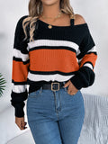 Shooting Autumn And Winter Casual Striped Striped Lantern Sleeve Metal Buckle Shoulder Cover Sweater Women's