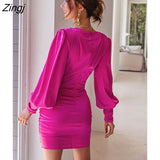 Sexy Hollow Out Women's Mini Dress Lantern Sleeve Satin Party Club Dresses Deep V-neck Bodycon Ruched Dress