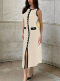 Ladies Knitted Jersey Dress Round Collar Sleeveless Button Slimming