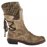 Women's Boots Autumn And Winter New Wool After The Tie With Mid-Sleeve Boots Low And Large Leather