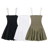 Spring Style Fluffy Poplin Rib Spliced Suspender Dress