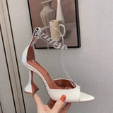 New European and American Peep Toe Chain Rhinestone Genuine Leather Pointed High Heels Sandals Summer