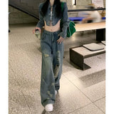 Zingj Ripped Jeans Female 2023 New Plus-Size High Waist Loose Versatile Straight Leg Show Slim Wide-Leg