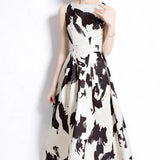 Retro Round Neckless Position Printing Dress Women's Summer Waist Thin Temperament Waist Swing Vest