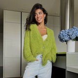 Leopard Knitted Cardigan Sweater V Collar Design Elegant And Colorful Style Full Of Loose