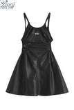Faux Leather Sexy Black Spaghetti Strap Mini Dresses Women High Waist Hollow Out Design Backless Loose Party Club Midi