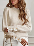 And Winter Women's Sweater Splicing Lace Round Collar Long Sleeve Buckle Knitted Shirt