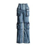 Zingj 2024 New Fashion High Street Design Sense Pocket Stitching Tooling Wind High Waist Straight Tube Denim Warehouse Pants