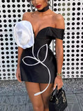2025 Spring V Collar Bare Shoulder Three-Dimensional Flower Dress Sexy Babes Short