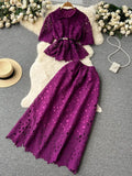 Women Hollow Out Two Piece Set Vintage Turn-Down Collar Short Sleeve Tops + High Waist Long Skirt 2Pcs Suit New