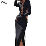 Women Fashion Spring Autumn Solid Color Round Neck Long Sleeve Long Dress Cross Tie-Up Cutout High Split Party