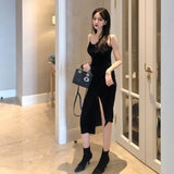 2023 Vintage Women Dress Spaghetti Strap Slit Velvet Black Dress Sexy Bodycon Bandage Dress Midi Party Dress Verano