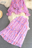 Floral Printed Two Piece Set Spring Autumn V-Neck Ruffle Draped Flare Sleeve Chiffon Blouse+High Waist Pleated Skirt