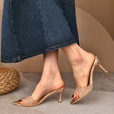 New Toe Tip-And-Out Mesh Yarn Lace Patent Leather One-字 Drag Female Feeling Wearing Small Mother-Sense Fine Heel High