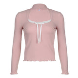 Aesthetic Lace Trim Bow Long Sleeve Tee-Outfit