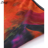 Women Sexy Strapless Contrast Color Tie Dyed Printing Mesh Slim Midi Dress Female Chic Party Vestidos