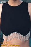 Women's Tank Tops Ribbed Sleeveless Round Neck Rhinestone Tassel Hem Design Summer Streetwear Crop Tops Slim