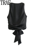 Black Crop Top Women Satin Backless Top Female Y2k Streetwear Sexy Tops Woman Fashion Tied Sleeveless Tank Tops For