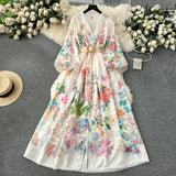 Court Dress Female Sweet Lace Lace V-Neck Buckle Long Design Print