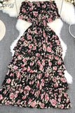 Women Vacation Beach Long Dress Sexy Slash Neck Off Shoulder Short Sleeve High Waist Floral Ruffle Maxi Vestidos