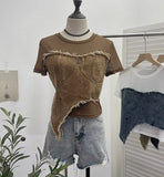 Shooting Denim Splicing Mesh Yarn Short-Sleeved T-Shirt Summer Dress Irregularly Short High-Waist Repair Body Coat