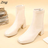 Brand Women Beige 7cm Block High Heels Ankle Boots 2023 Winter Female Square Toe Chelsea Boots High Quality Short