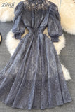 Women Lace Dress Spring Summer Elegant Stand Collar Puff Sleeve High Waist Party Vestidos Female Runway Robe 2023