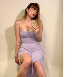 Knit V-Neck Mid-Calf Length Woman's Dress Sleeveless Side Split Lace Up Elegant Sexy Backless Fashion Vestidos